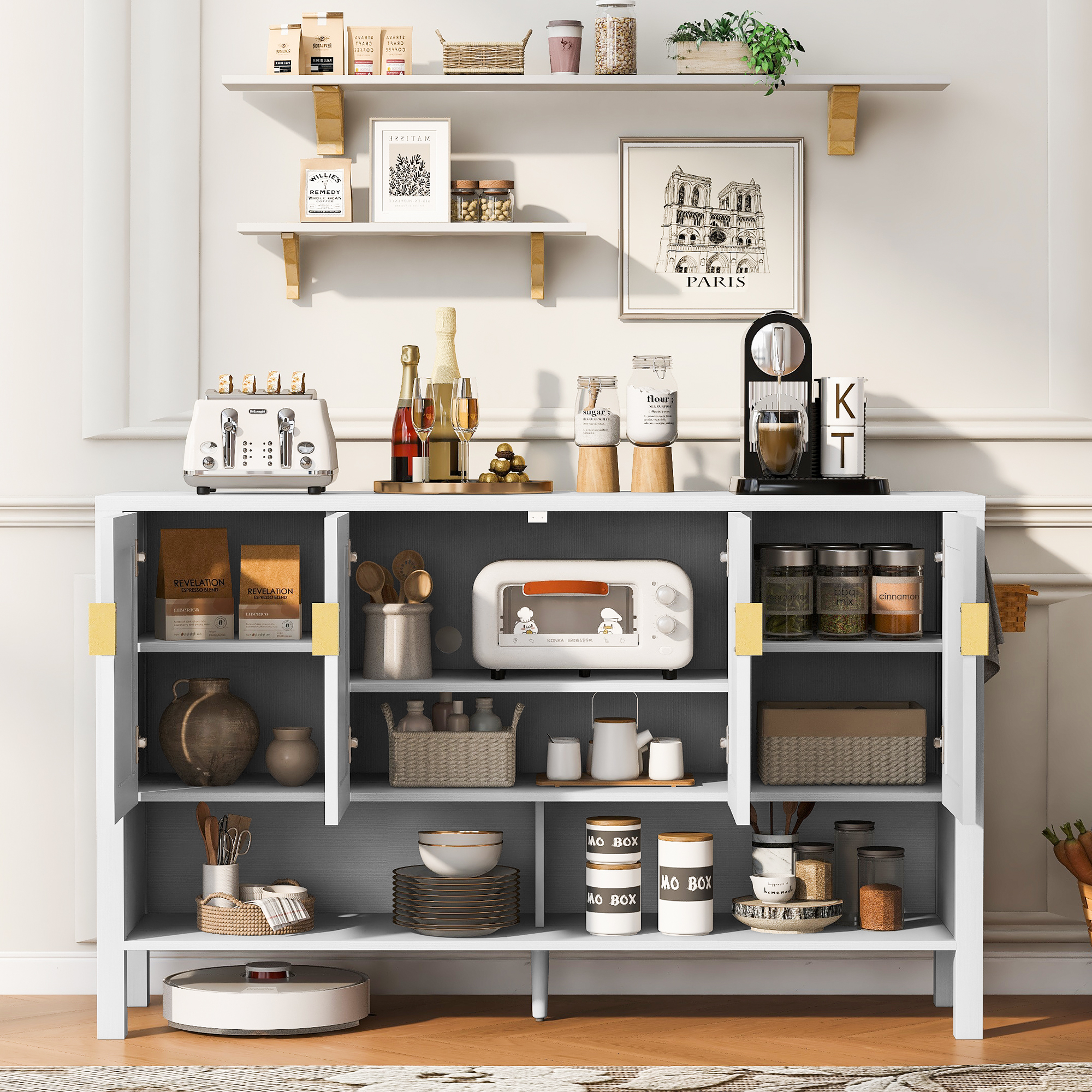 Euroco 55" Sideboard Buffet Cabinet with Storage, Modern Large Credenza with Open Shelf,2-Tiers Adjustable Shelves and Double Hooks,Kitchen Coffee Bar Console Table for Living Room, Hallway,White
