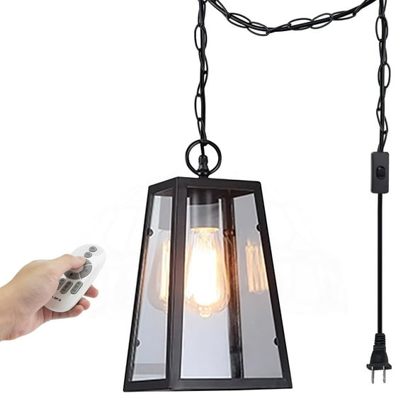Kiven Plug in Pendant Light, Farmhouse Hanging Light Fixture with Remote and Iron Glass Lampshade and Iron Chain, E26 Socket Dimmable Pendant Light for Hallway Kitchen Bedroom(TB3149)