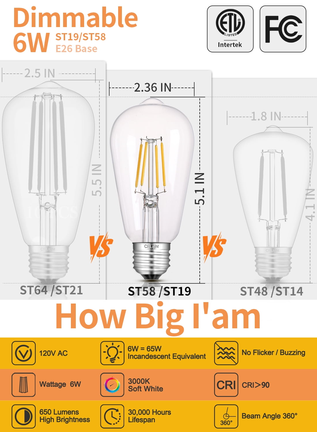 CRLight LED Dimmable 6W 65W Equivalent Soft White E26 ST58 Decorative Light Bulbs, 10 Pack