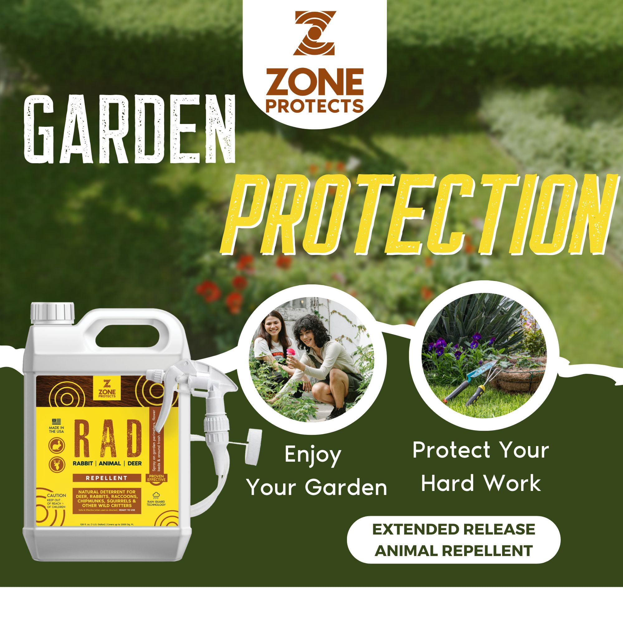 R.A.D. - Rabbit, Animal, Deer Repellent Gallon Trigger Sprayer; All-Natural Protection for Gardens, Flower Beds and Lawns