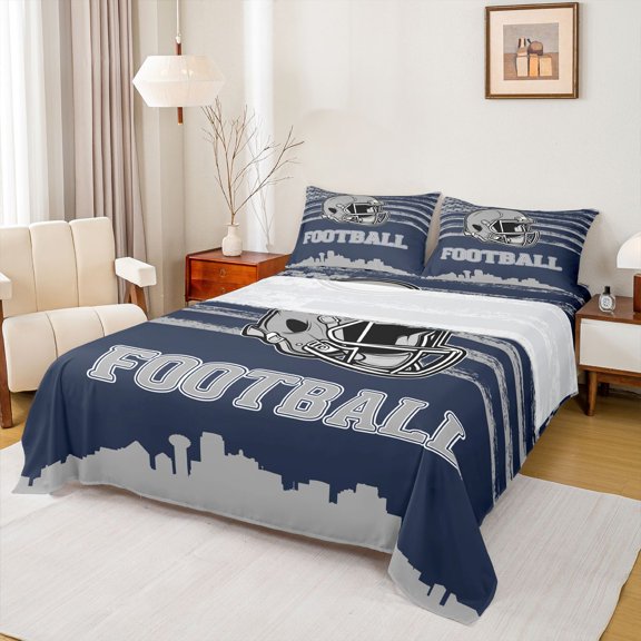 Erosebridal Rugby Helemet Sheet Set Twin,Football City Silhouette Bedding Sets Twin Size,Blue Gray Twin Sheet Sets,Super Cozy Room Decor,3 Pieces