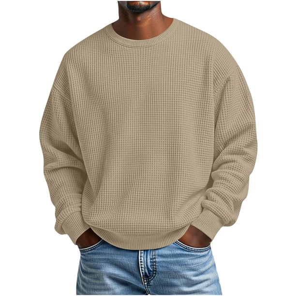 Ceisia Mens Long Sleeve Pullover Loose Sweater Waffle Knit Round Neck Lounge Loose Type Khaki L Gift