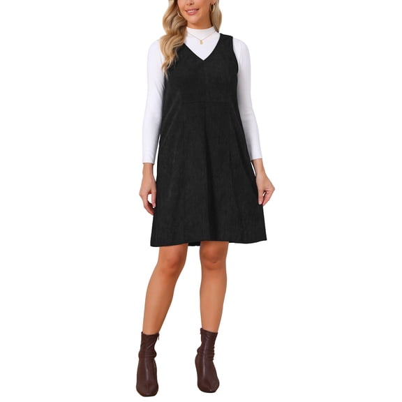 INSPIRE CHIC Women's Corduroy Overall Dress 2026 V Neck Sleeveless A Line Casual Pinafore Dresses with Pockets S Black