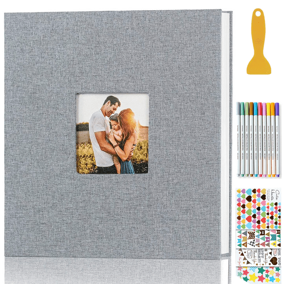 Holaray 11 x 10.6 Gray Linen Wedding Scrapbook Photo Album with Metallic Pen, Holds 120 Photos