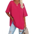 thumbnail image 3 of Fanxing Women Summer Tshirts Oversized Tees Trendy V Neck Short Sleeve T-Shirts Loose Fit Solid Tee Shirt Hot Pink,M, 3 of 6