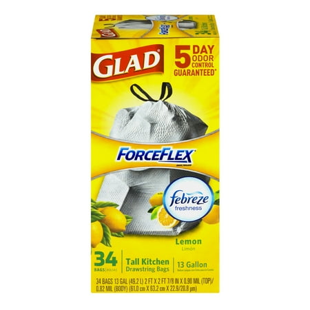 Glad ForceFlex OdorShield Lemon Tall Kitchen Drawstring Trash Bags, 13 gallon, 34 count