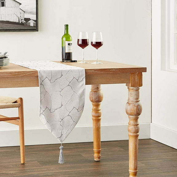 Violet Linen Milano Arts Artistic Design, Polyester Jacquard Chenille, with Tassles, Silver, 13 Inch by 70 Inch, Decorative Table Runners