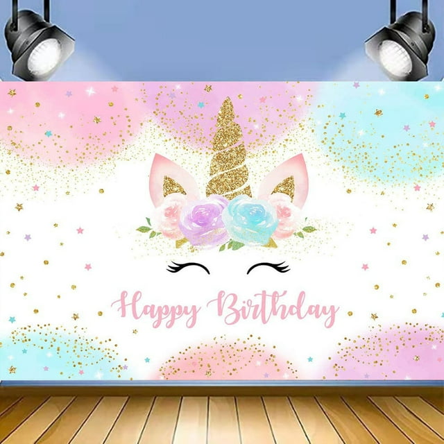 Fondo de unicornio arcoíris para decoración de fiesta de cumpleaños para niñas, acuarela, floral, purpurina, estrellas, puntos, unicornio, pastel, mesa, pancarta, suministros de estudio (5 x 3 pies) JAMW Sencillez