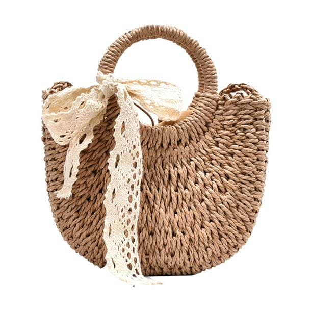 Bolso de playa de paja para mujer, tejido tipo bandolera, con asa superior, para verano