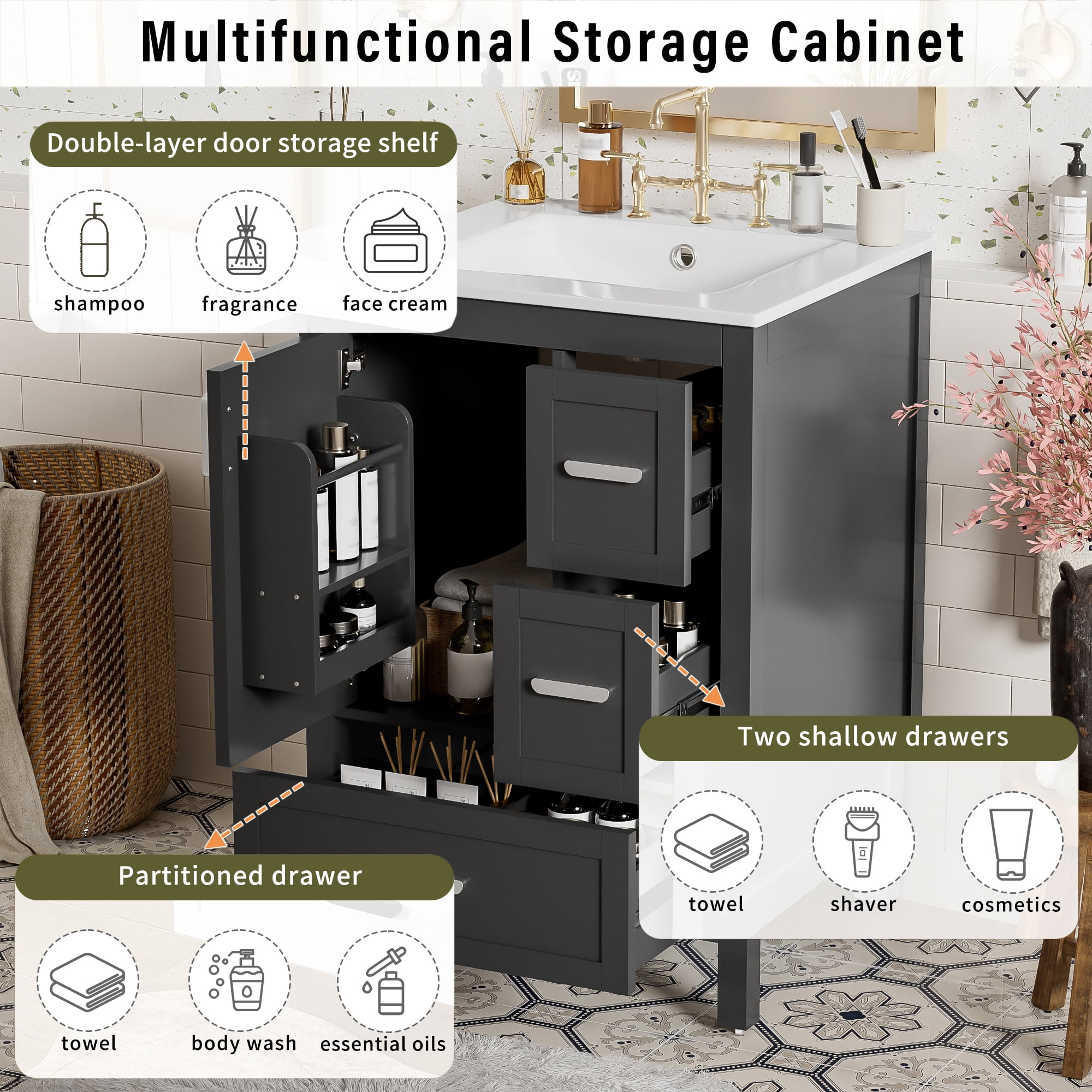 Euroco Modern 24-inch Bathroom Vanity with Ceramic Sink, Soft-Close Door, Double-Layer Door Shelf, and 3 Drawers