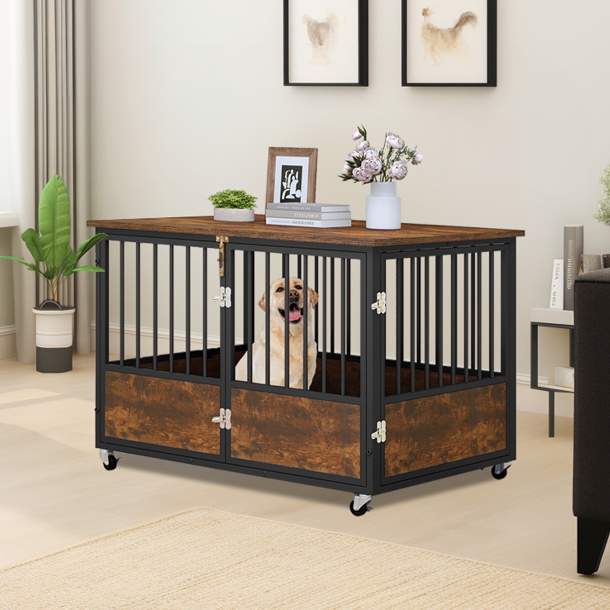 Uforic 43-Inch Wooden Dog Crate Furniture with Wheels and Double-Doors,Dog Kennel,Dog Cage for Indoor - Rustic Brown