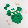 thumbnail image 3 of ZEHJUHAN Baby Girl's Clover Embroidered Romper Set, Ruffle Bubble Sleeve Lapel Collar Onesie with Hair Bow For Summer Green，1-3M, 3 of 11