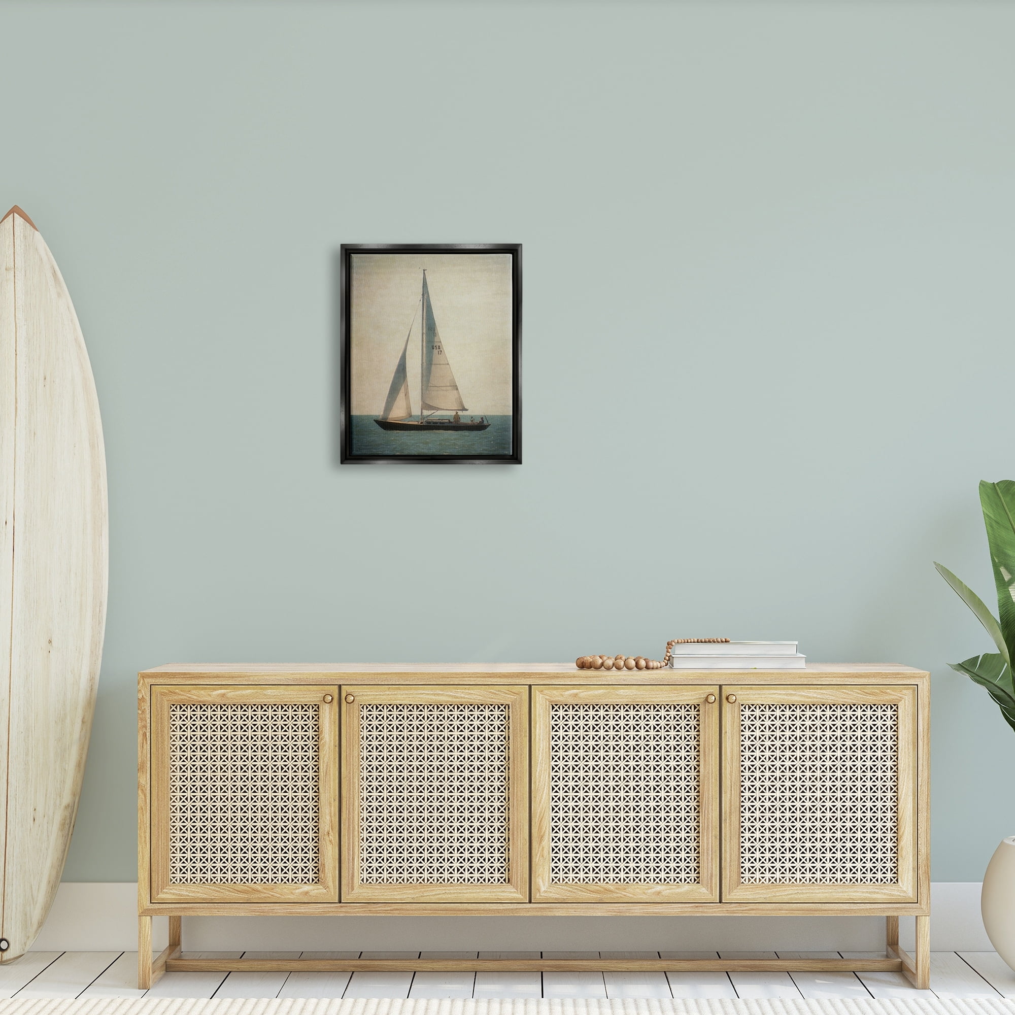 Stupell Industries Lone Sailboat People Relaxing Quiet Ocean Landscape Painting Jet Black Floating Framed Canvas Print Wall Art, Design by Graffitee Studios