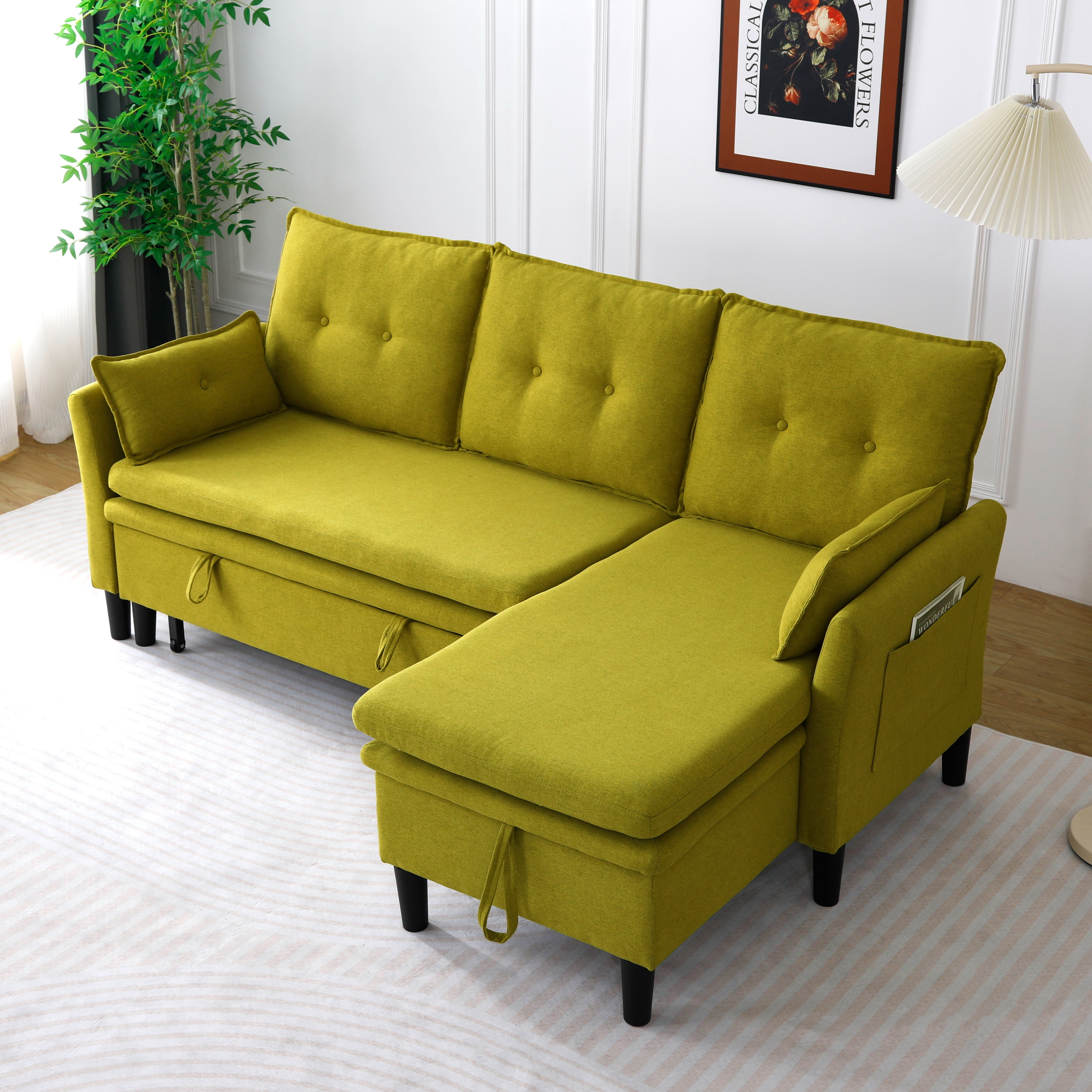 Gewnee L-Shaped Sectional Sofa,Reversible Chaise with Storage,Pull-Out Type Sofa Bed.Suitable for Apartments & Offices.Green