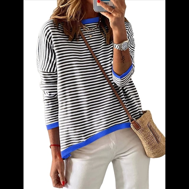 Suéteres de Mujer de Larga, Cuello Redondo, Rayas de Colores, Suéteres Casuales de Punto Negro y Azul XL
