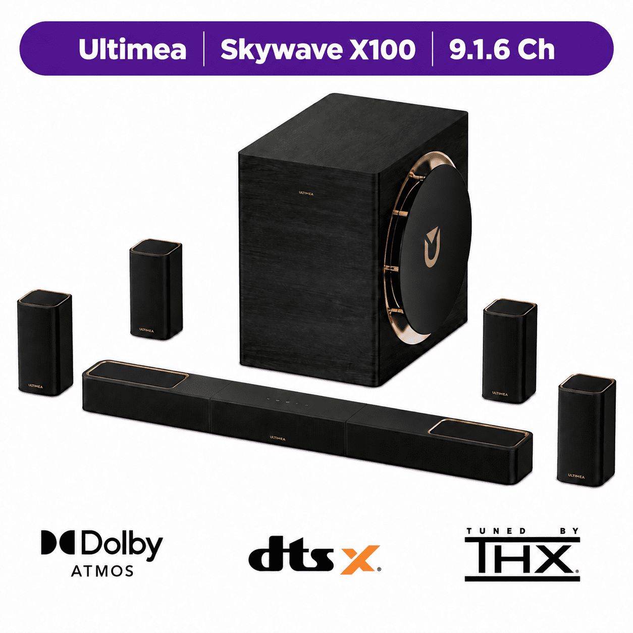 ULTIMEA Skywave X100 9.1.6 THX-Tuned Wireless Surround Sound System w/Dolby Atmos & DTS:X, 10” Subwoofers, 18Hz Low Frequency, 1500W Peak Power, 8K Pass-Through, AVR Grade Sound Bar