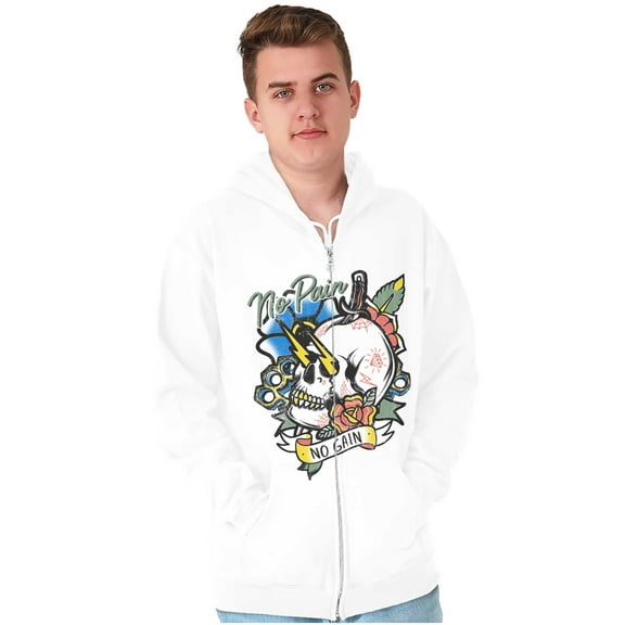 No Pain No Gain Skull Dagger Tattoo Unisex Fleece Graphic Zip Up Hoodie Brisco Brands 2X