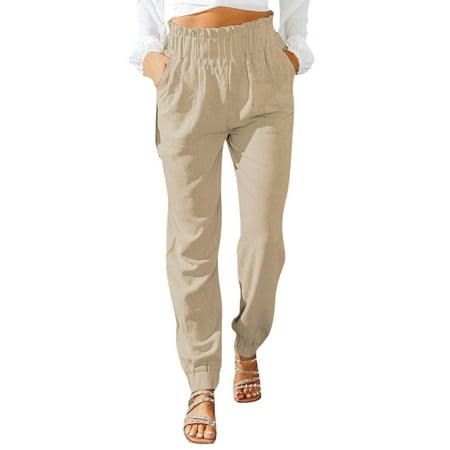 

JDEFEG Womens Wide Leg Pants White Linen Pants for Women Tightness Trousers Pocket Casual Plus Size High Waist Pants Pajama Pants for Women Plus Size 5X 35% Cotton 65% Polyester Khaki Xxl