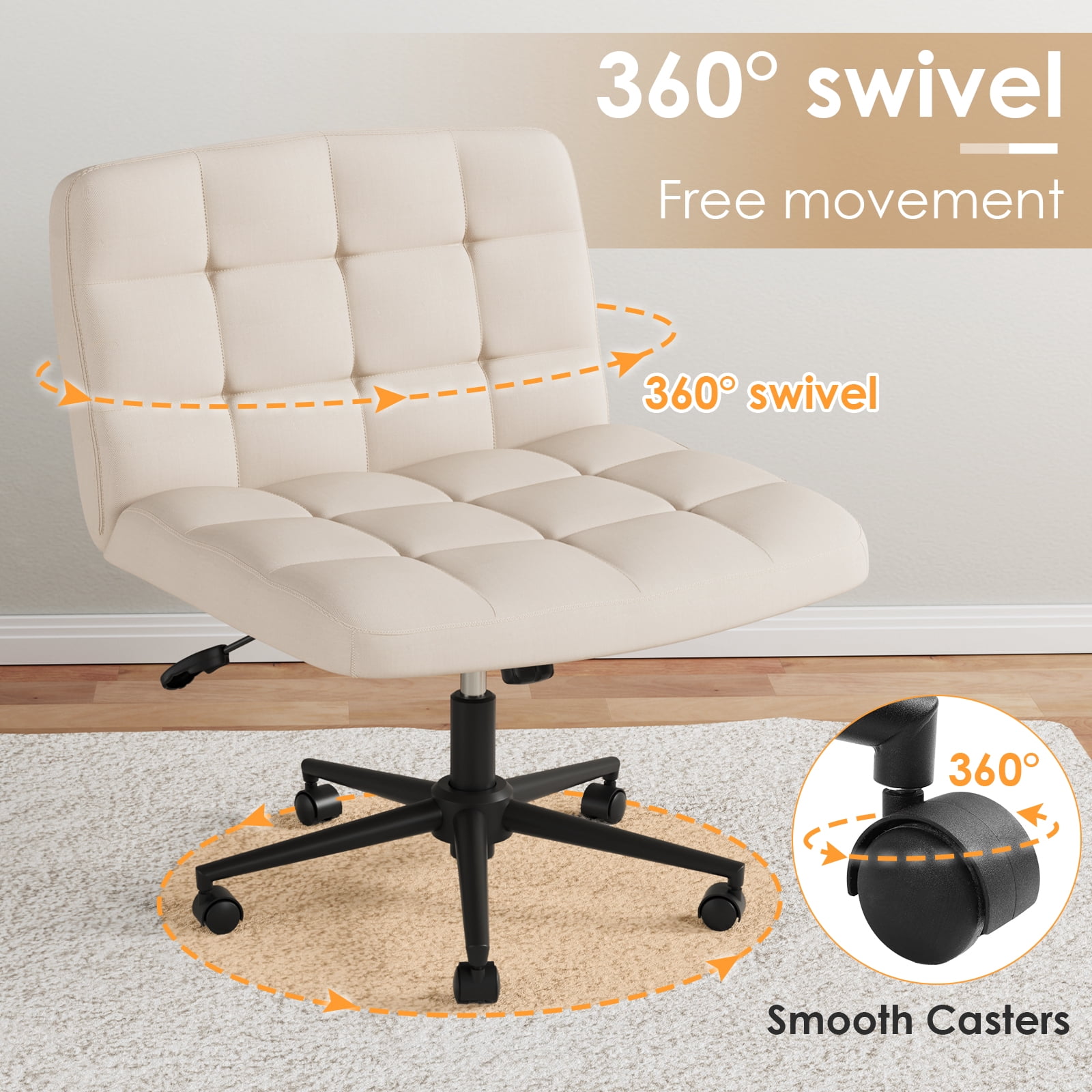 Arlopu Swivel Criss Cross Legged Chair with Wheels, Height Adjustable, Armless Home Office Chair with Comfy Wide Cushion for Home, Office, Vanity
