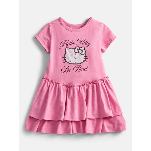 Hello Kitty Girls Tiered Dress with Embroidered Applique and Short Sleeves, Sizes 4-12