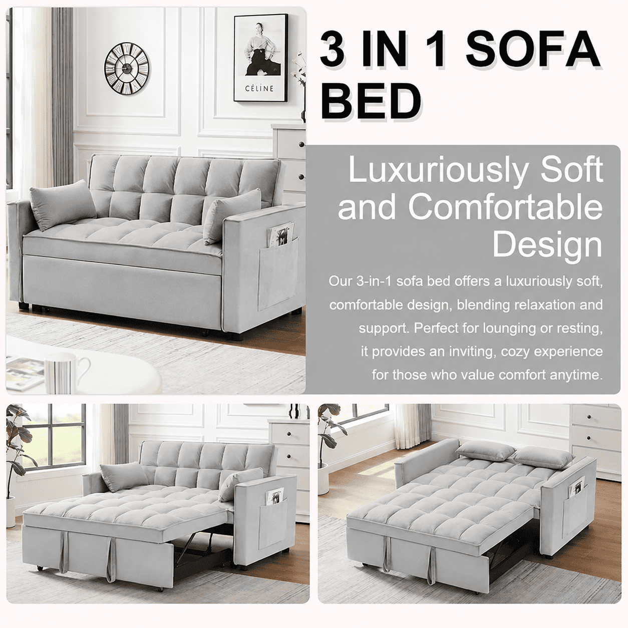 ShiKeyi 3 in 1 Convertible Sleeper Futon Sofa Bed, 55" Pull Out Sofa Bed with Storage Pocket/Side Pocket/2 Pillows for Living Room, Gray