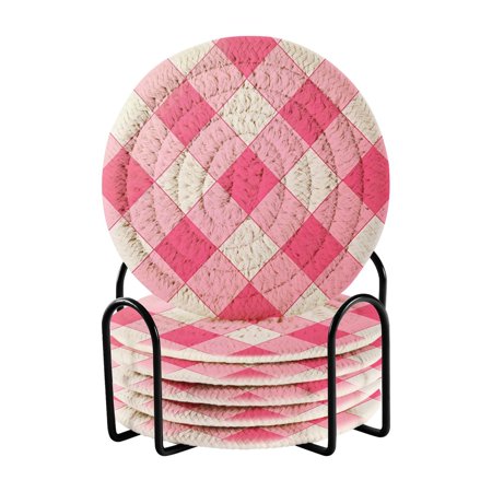 

6 coil coasters 3.94x3.94x0.24 inch water coasters Drink coasters with cup holders Absorbent coasters Heat resistant for bar protection Pink Check