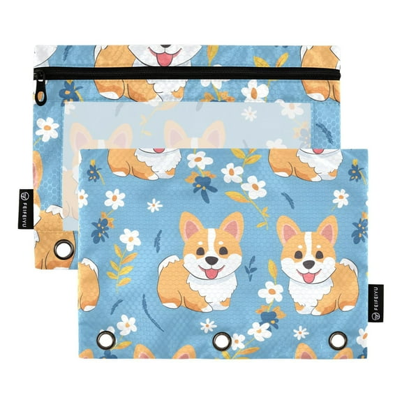 Cartoon Corgi Dog and Flower 2 Pack Pencil Pouch for 3 Ring Binder Smooth Zipper Folders with Pockets Clear Window Pencil Case