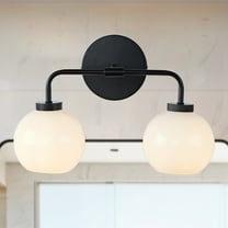 Modern Round Milk Glass Globe Black Double Metal Vanity Light, Hand-Polished Wall Lamp, Blow Glass Sconce over Mirror, for Hallway, Entryway