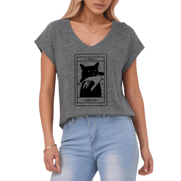 Giffimy Women's Witchy Black Cat Tarot Print Dark Gray S-5XL V-Neck Sleeveless T-Shirt Occult Summer Tank Top