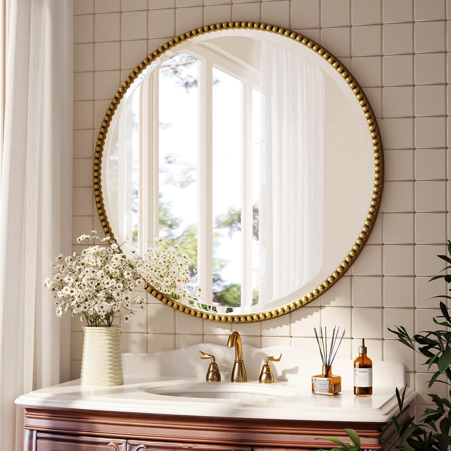 Mirrasia 32" Round Wall Mirror Decoration Hanging Mirror With Beaded Frame,Gold