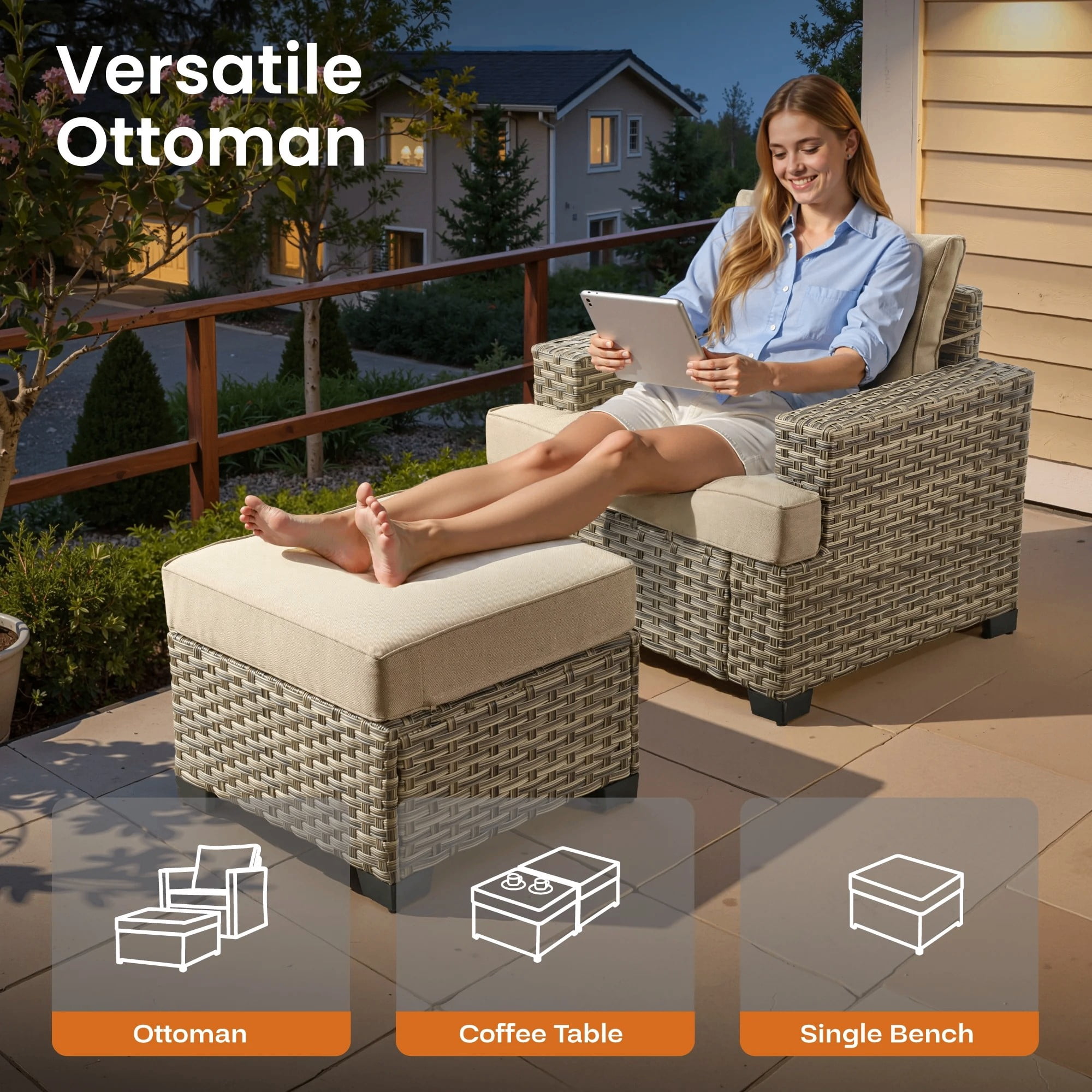 Vcatnet 8 Pieces Outdoor Patio Furniture Sectional Sofa PE Rattan Wicker Conversation Set with Solar Powered Coffee Table for Porch, Backyard, Beige