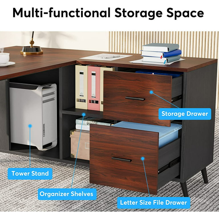 Walnut Storage Cabinet  2-Drawer Storage Organizer for Desk