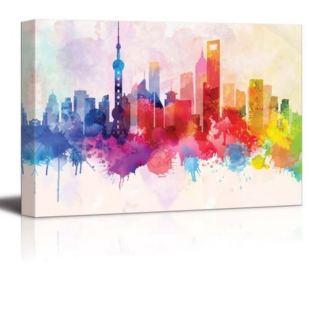 wall26 Colorful Rainbow Splattered Paint on the City of Shanghai in China - Canvas Art Home Decor - 16x24