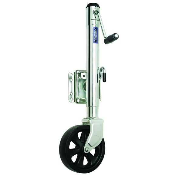 Fulton Trailer Tongue Jack XP15 0101 Manual Round Sidewind Swivel Jack; 1500 Pound Lift Capacity; 10 Inch Travel; 13 Inch Retracted x 23 Inch Extended Height; 12.4 Inch Clearance; Bolt-On Mount