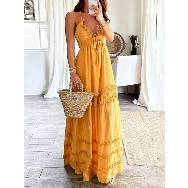 knee length dresses for ladies Vanita Ruffled Halter Maxi Dress