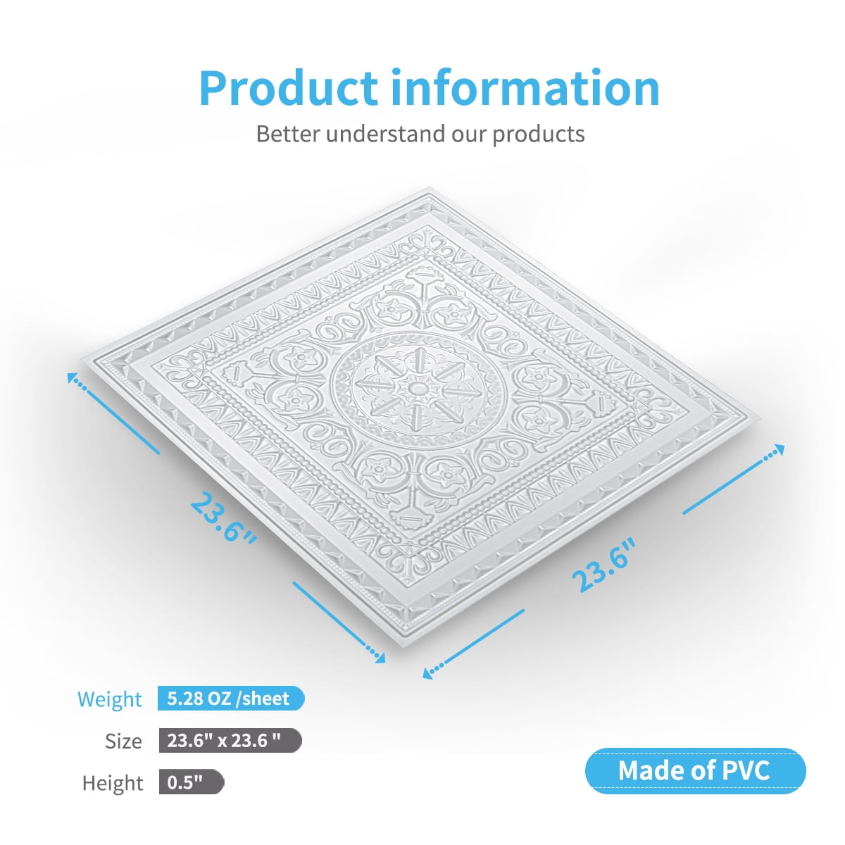 Art3d 2 ft.x 2 ft.Glue-up or Lay in Ceiling Tile PVC 3D Victorian Pattern Style in White(12-Pack)