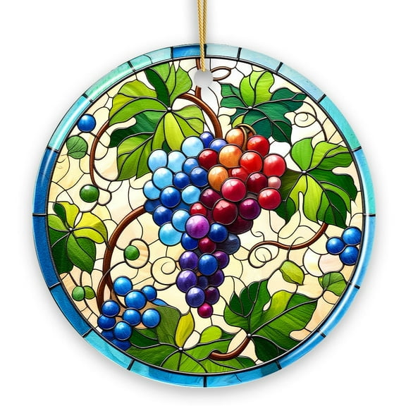 Grape Window Art Stained Glass Style Ceramic Ornament, Christmas Gift and Decor