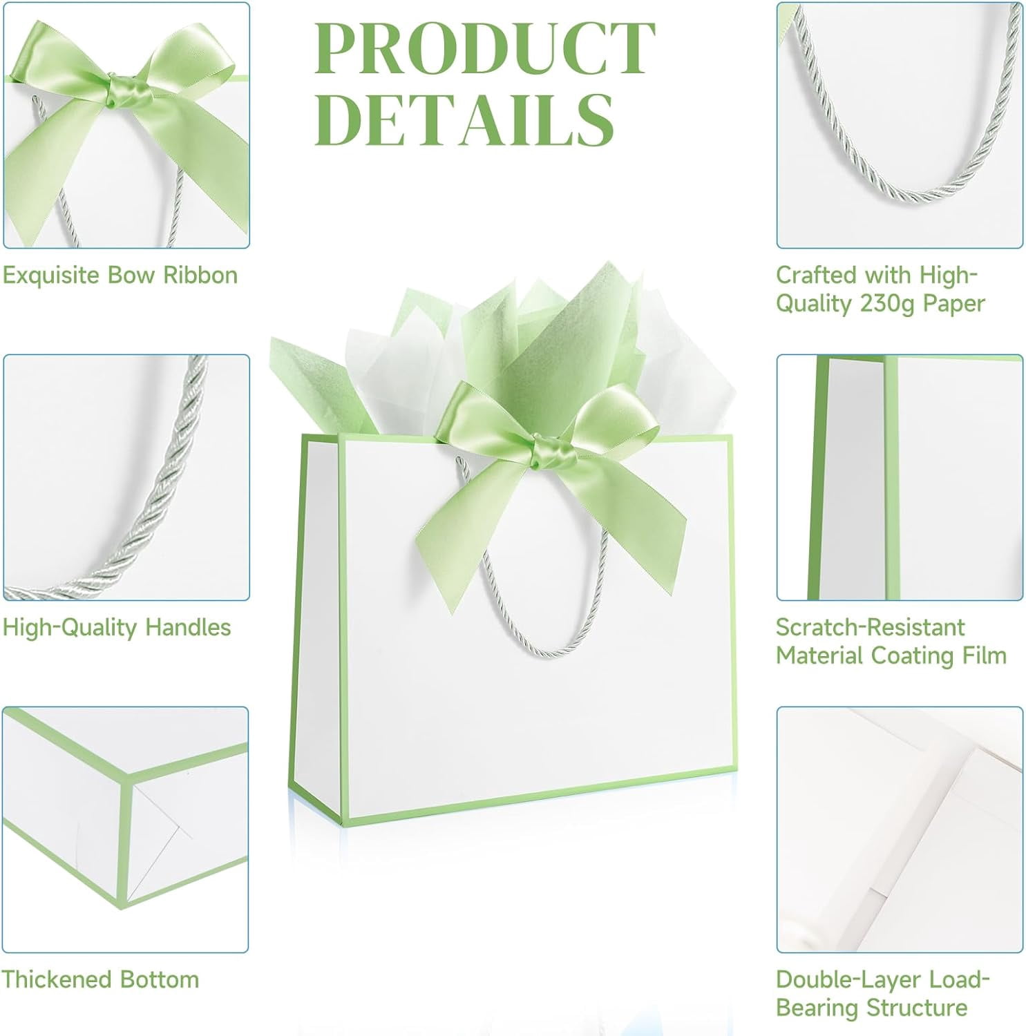 Gift Bags with Handles, Includes Tissue Papers, Bows, Ribbons & Cards for Weddings, Bridesmaids, Birthdays, Thank You, Easter, Mother's Day, Holidays (White and sage green)