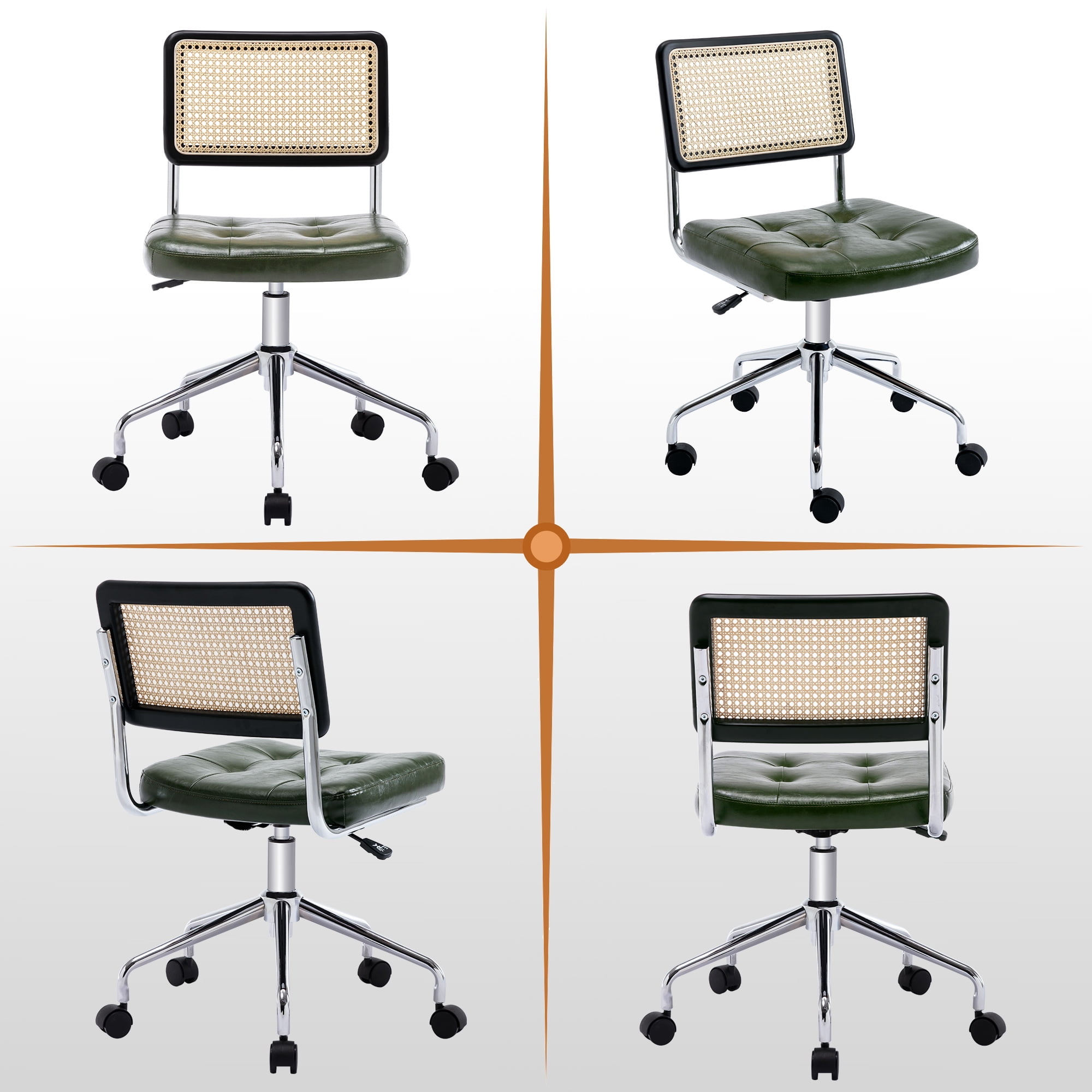 ONEVOG Tufted Leather Desk Chair, Swivel Home Office Chair with Rattan Back, Upholstered Armless Vanity Chair, Adjustable Height Computer Task Chair, Green