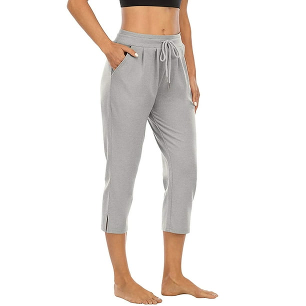 Daeful Women Bottoms Cropped Leggings Running Drawstring Calf-length Yoga  Pants Light Gray L 