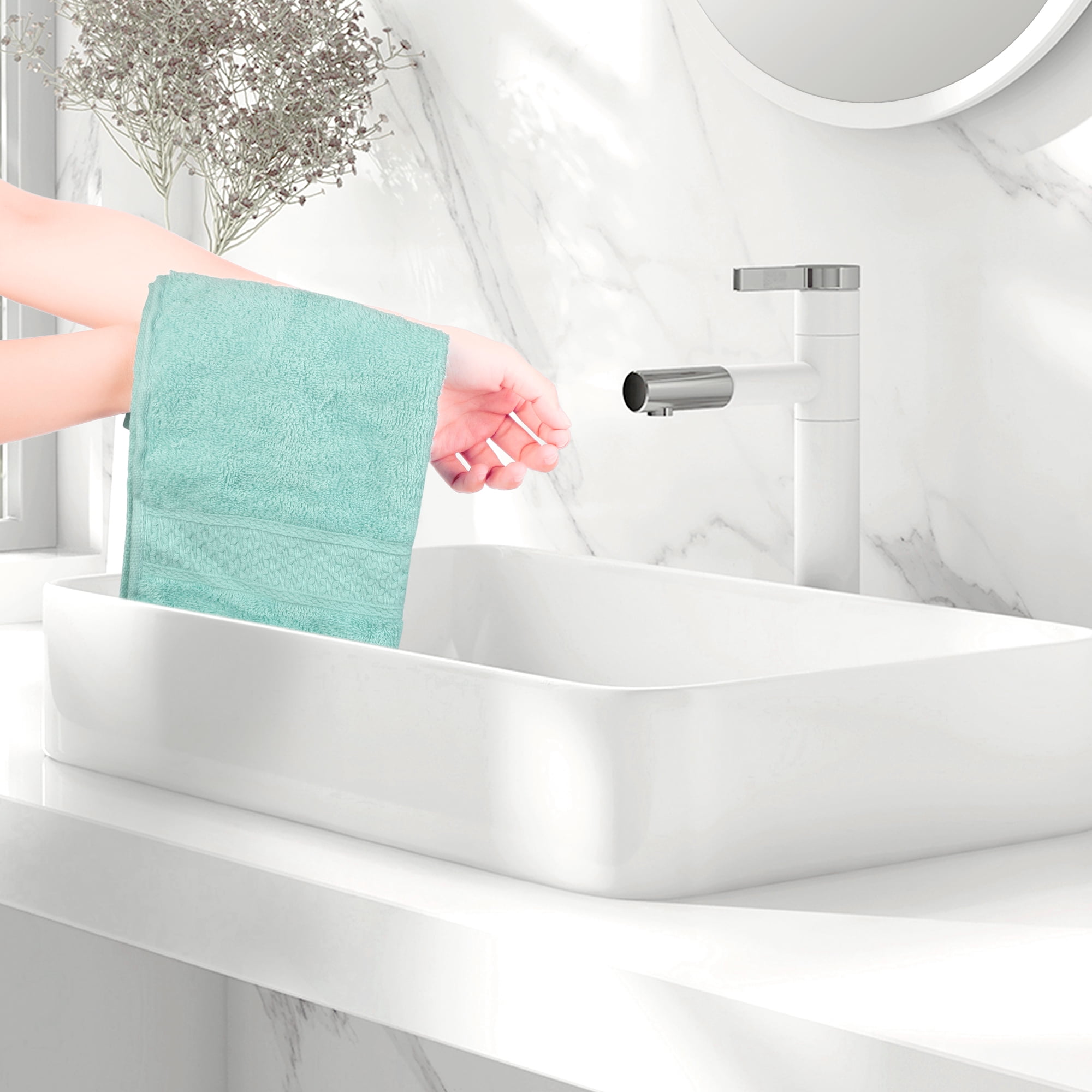 Unique Bargains Geometric Washcloths Set Cotton Bath Towels Low Lint Green 4