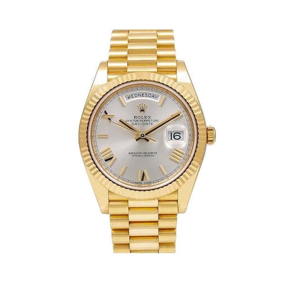 Pre-Owned Rolex Day-Date 40MM 228238 Silver Roman Dial Fluted Bezel 18K Yellow Gold President Bracelet