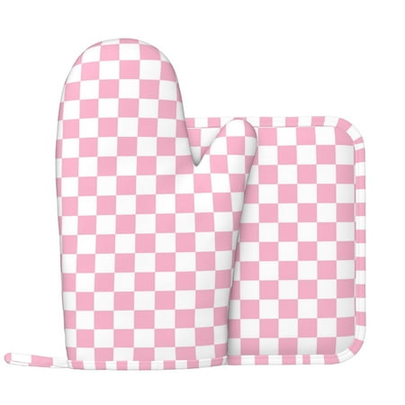 

pink pastel checkered Oven Mitts and Pot Holders Sets Heat Resistant Silicone Oven Mitts Pot Holders for Kitchen Cooking Baking Non-Slip Oven Gloves Hot Pads Potholders