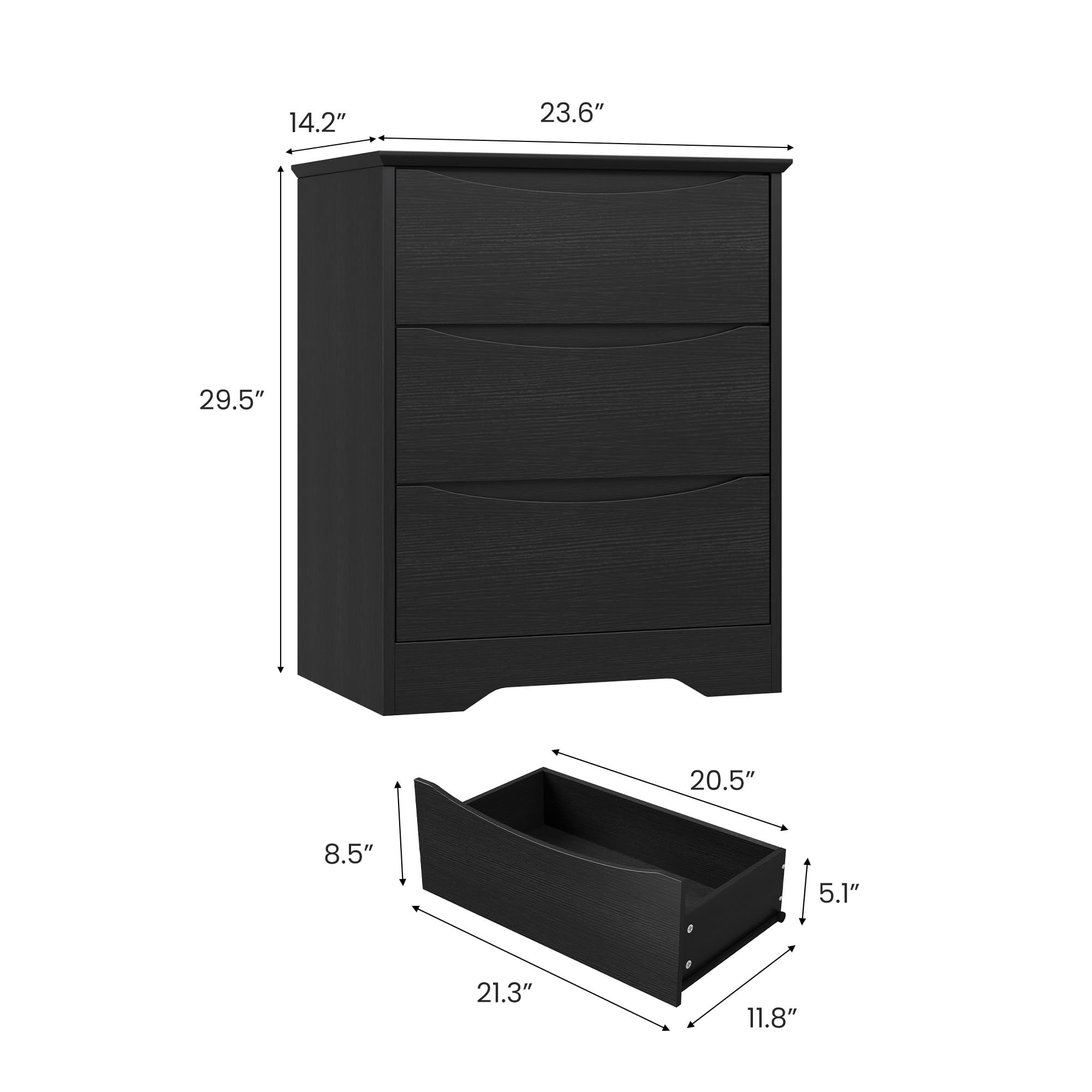Kicctian Modern Dresser with 3 Deep Drawers, 30" Tall Wooden Storage Cabinet for Bedroom, Living Room, Entryway, Black Wood Grain Finish