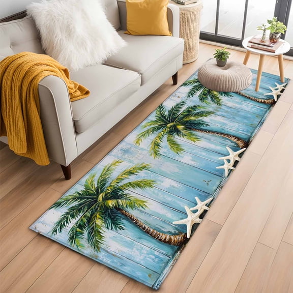 Coastal Beach Tree Kitchen Runner Rug 2x6 Washable Runners for Hallway Non Slip Ocean Tropical Palm Starfish Blue Green Large Area Rug Indoor Floor Carpet for Bathroom Laundry Entryway Bedroom