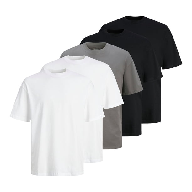 JACK&JONES Camiseta para hombre, paquete de 5 unidades - JJHUGO LOOSE TEE SS CREW NECK, manga corta, cuello redondo, algodón Negro/Blanco/Gris L (Large)