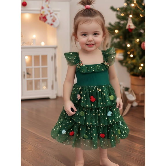 Jaweiwi Toddler Kids Little Girl Tulle Christmas Dress 12 18 24 Months 2T 3T 4T 5T 6T Star Ball Square Neck Flying Sleeve A-line Layered Princess Dresses Cute Holiday Clothes