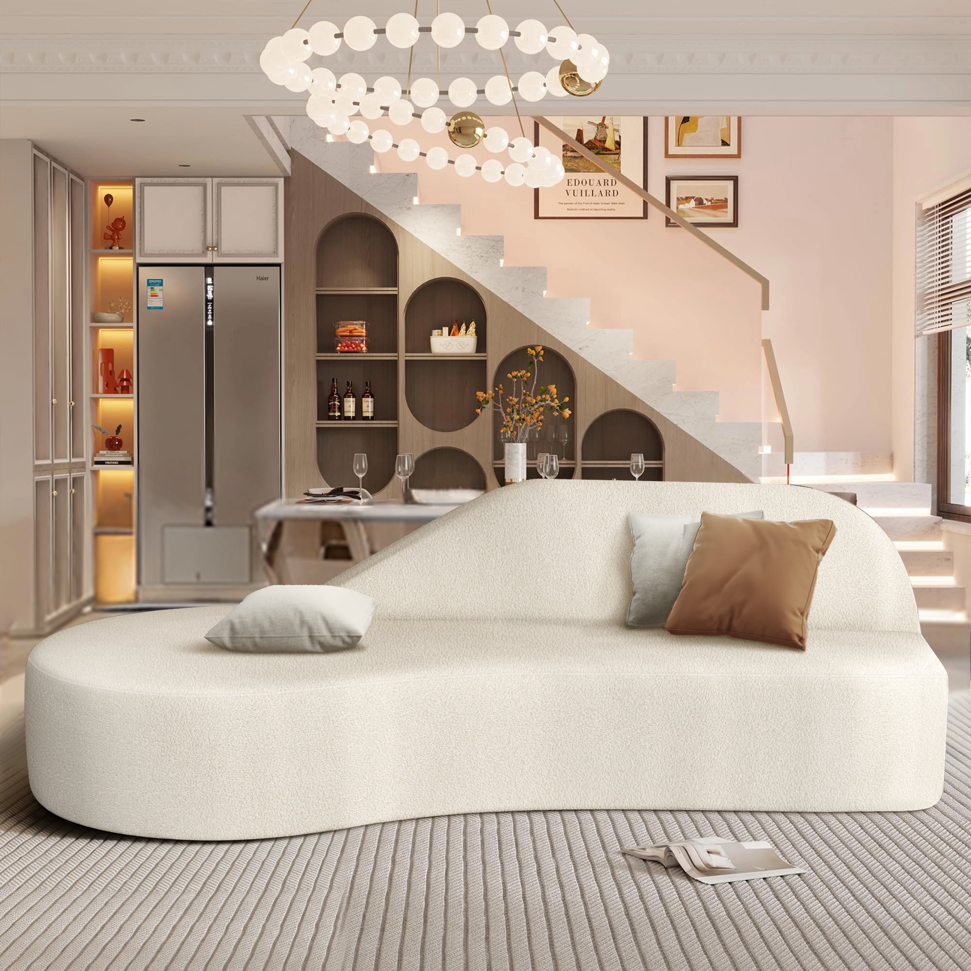 Aukfa Curved Couch Minimalist Style Comfy Sofa for Living Room, Compressed Couch, Chenille, Beige