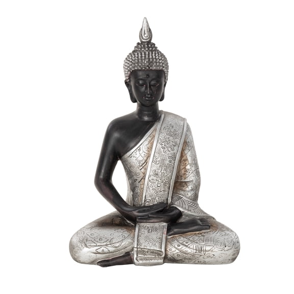 6" x 8" Silver Polystone Meditating Buddha Sculpture with Engraved Carvings and Relief Detailing, by DecMode