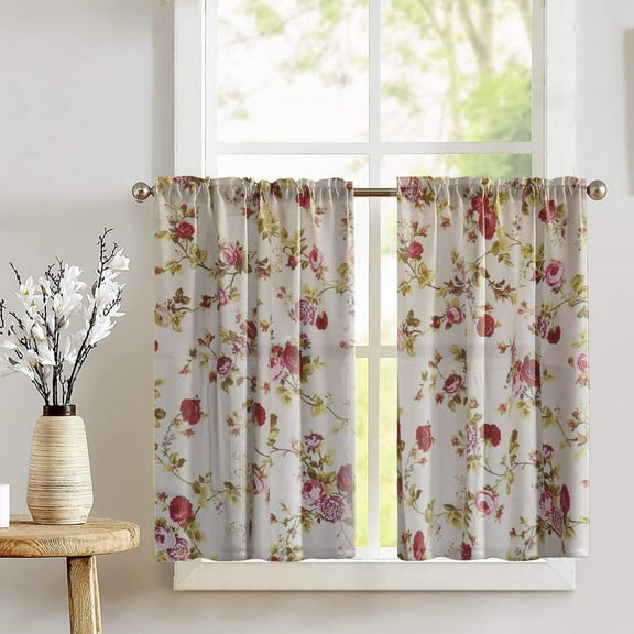 Cotton Vintage Floral Large Roses Print Light Filtering Café Tier Curtains Window Treatment Kitchen Home Décor